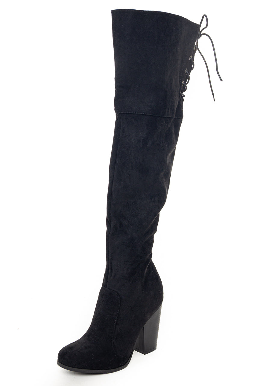 Black Over the Knee High Boots with Lace Up Back Detail