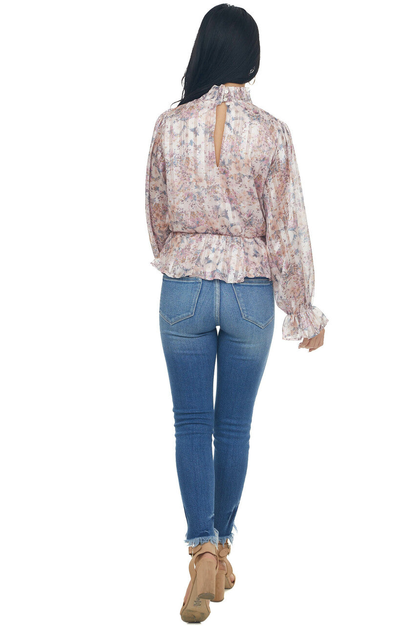 Tea Rose Floral Print Mock Neck Satin Blouse
