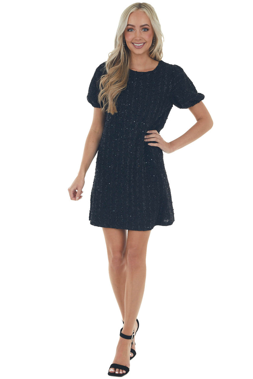 Black Textured Metallic Threaded Shift Dress