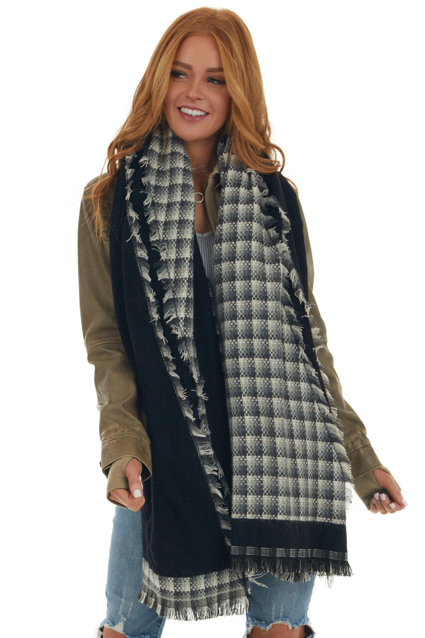 Black Checkered Oblong Frayed Edge Scarf