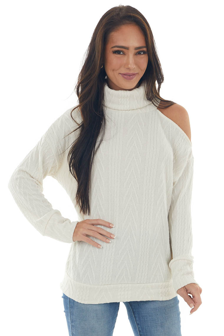 Cream Textured Cowl Neck Cold Shoulder Sweater 
