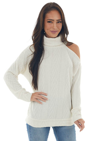 Cream Textured Cowl Neck Cold Shoulder Sweater 