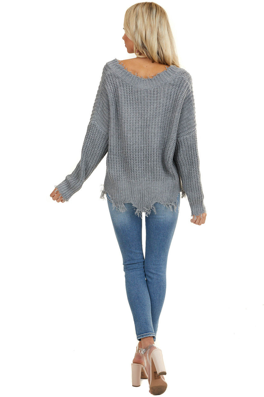 Stone Grey V Neck Sweater with Distressed Detail 