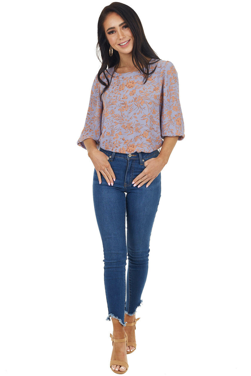 Lilac Floral Pattern 3/4 Sleeve Top with Back Keyhole Detail