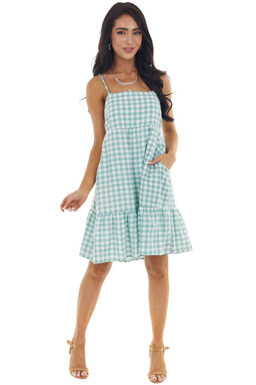 Faded Juniper Gingham Sleeveless Short Dress