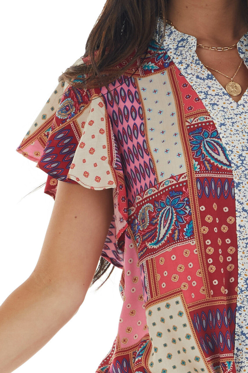 Maroon Printed Top with Front Tie Detail