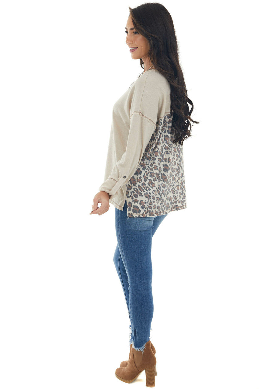 Almond Long Sleeve Top with Leopard Print Back 