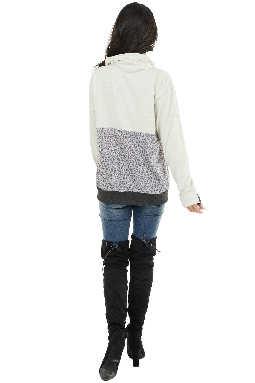 Oatmeal Knit Cowl Neck Sweatshirt with Slate Leopard Print