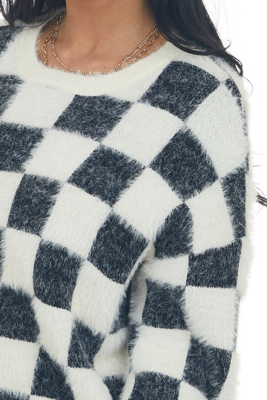 Black and Ivory Checkered Fuzzy Sweater 