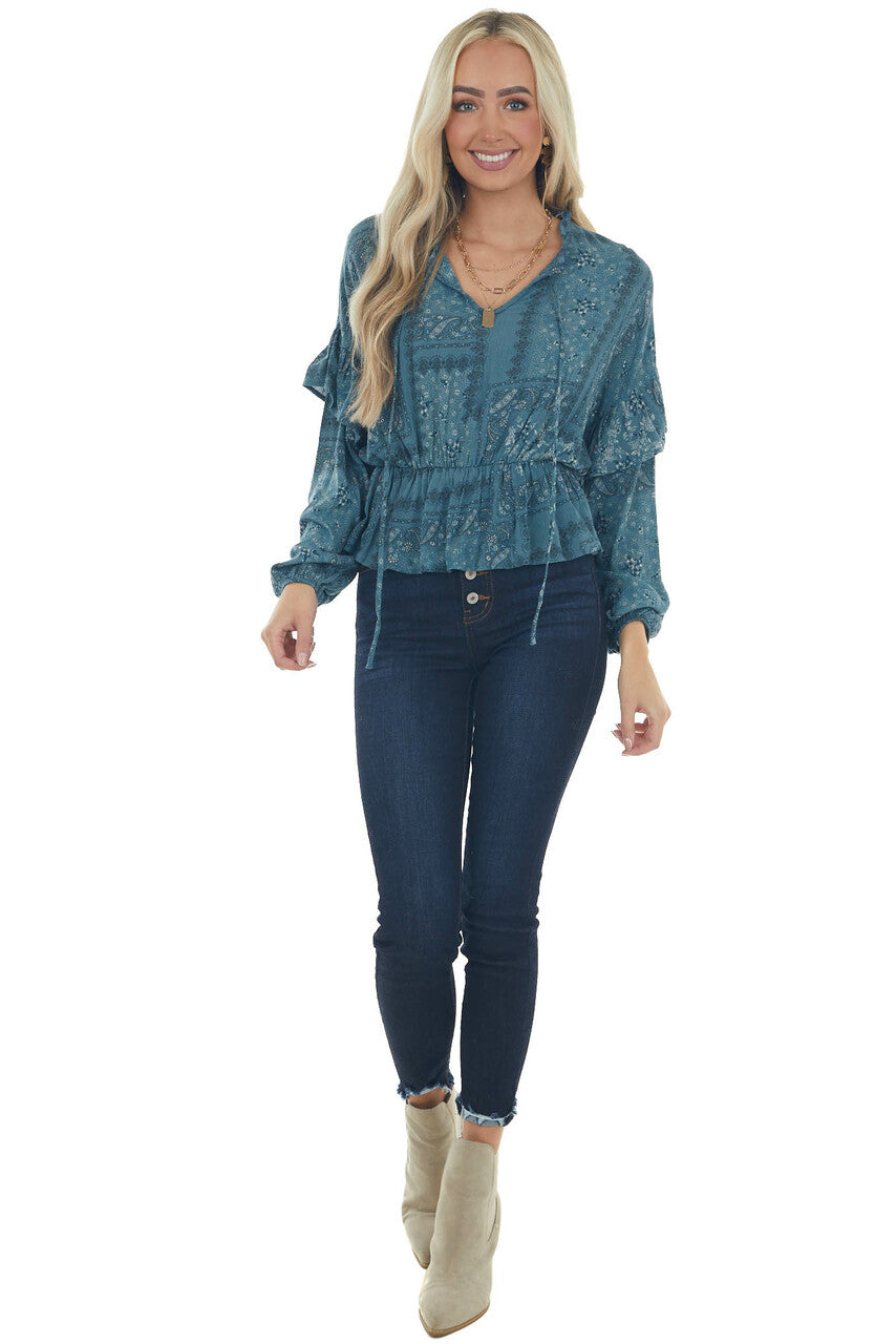 Sea Blue Printed Long Sleeve Peplum Fit Blouse