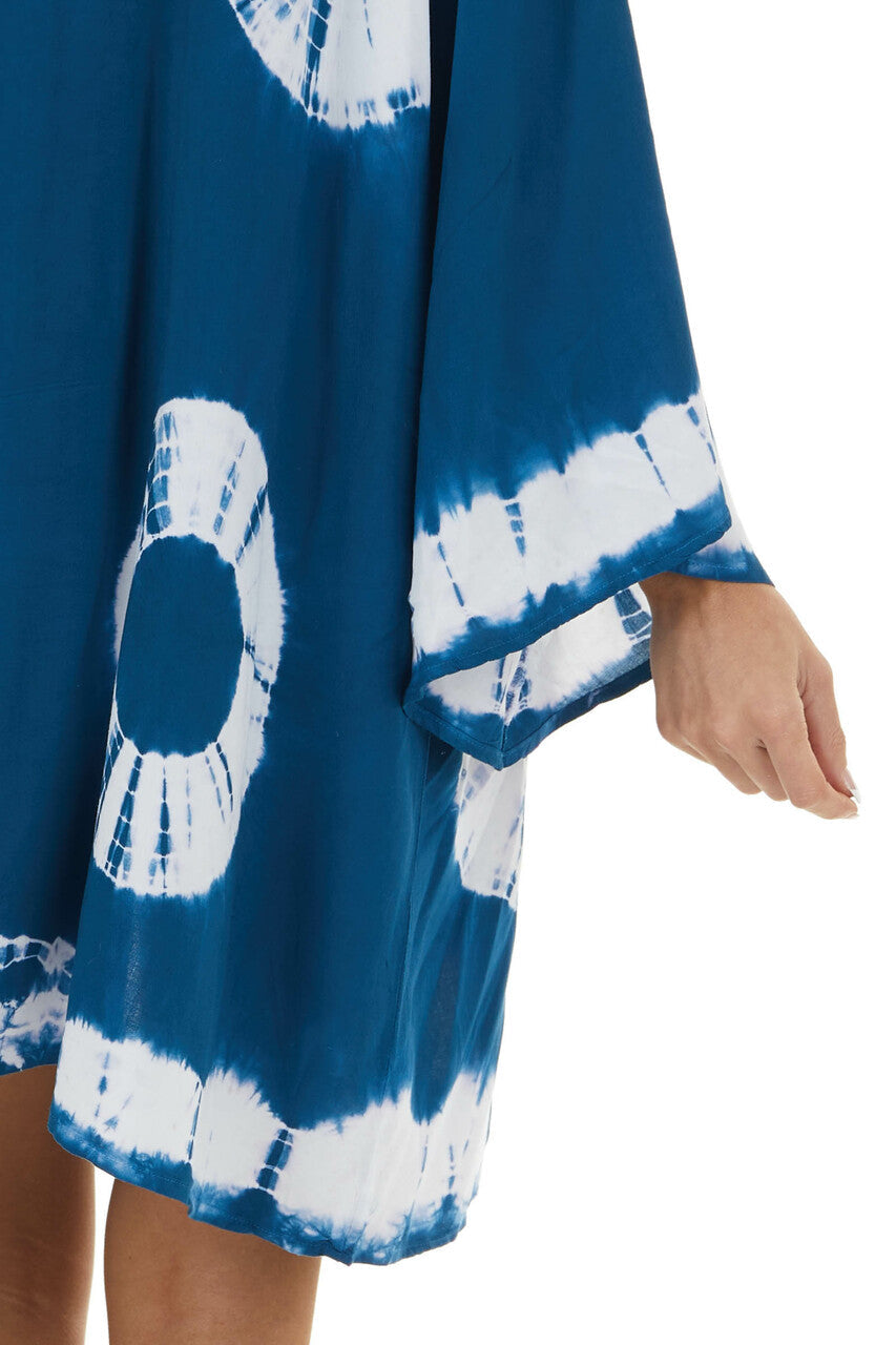 Sea Blue and Ivory Circle Tie Dye Woven Kimono 