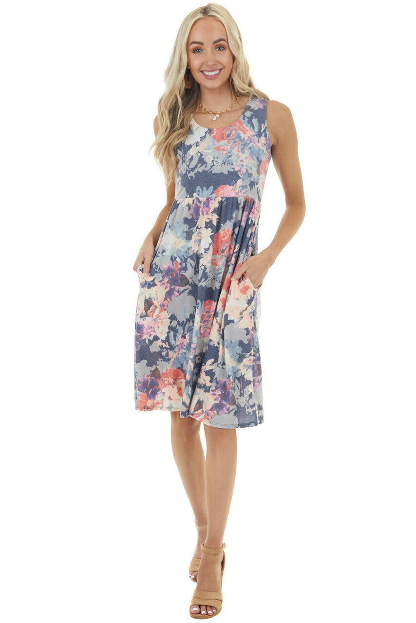 Navy Floral Print Drop Waist Sleeveless Short Knit Dress