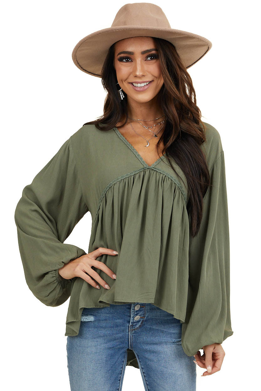 Faded Olive Drop Waist Top with Tied Back and Bubble Sleeves 