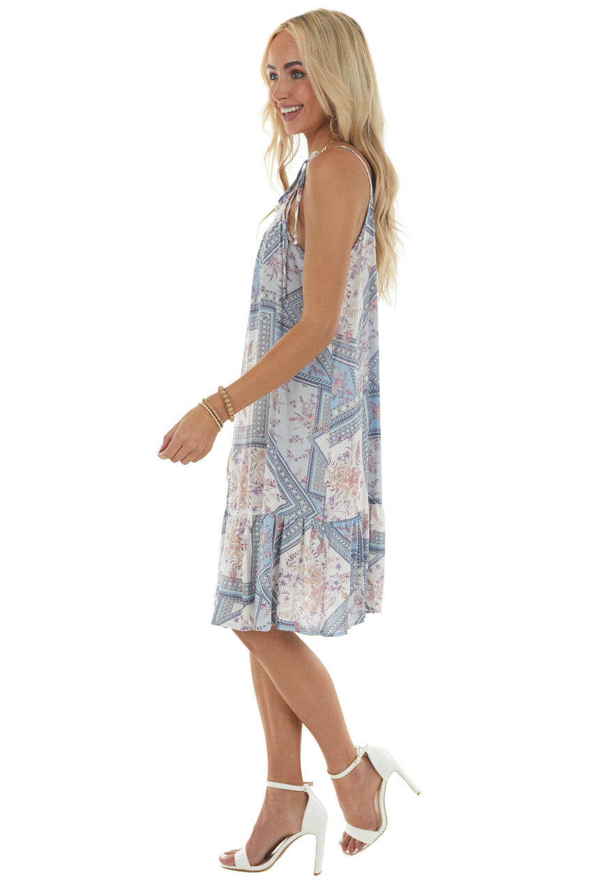 Powder Blue Printed Sleeveless Short Dress 