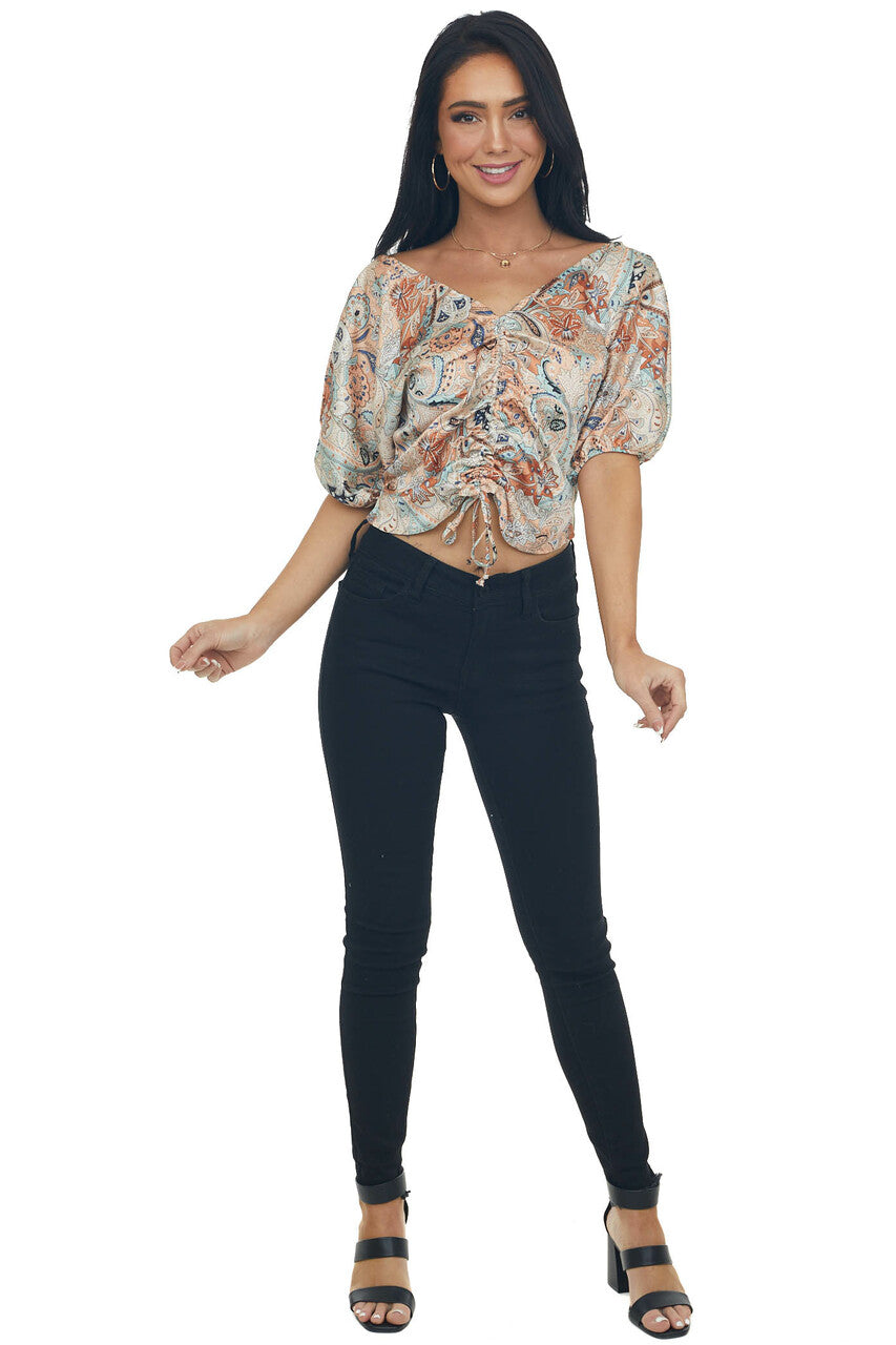 Peach Paisley Ruched Front Cropped Blouse
