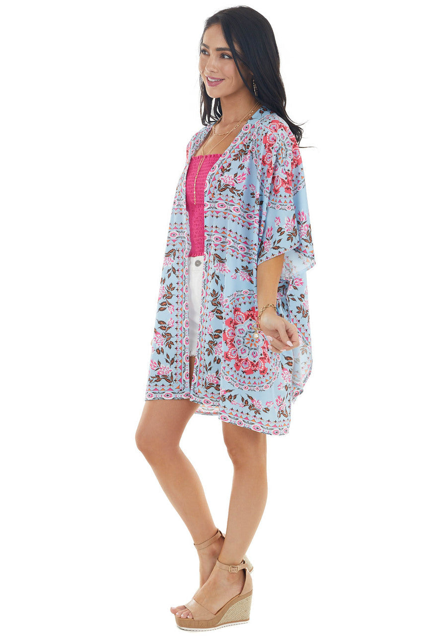 Sky Blue and Deep Coral Abstract Floral Print Woven Kimono