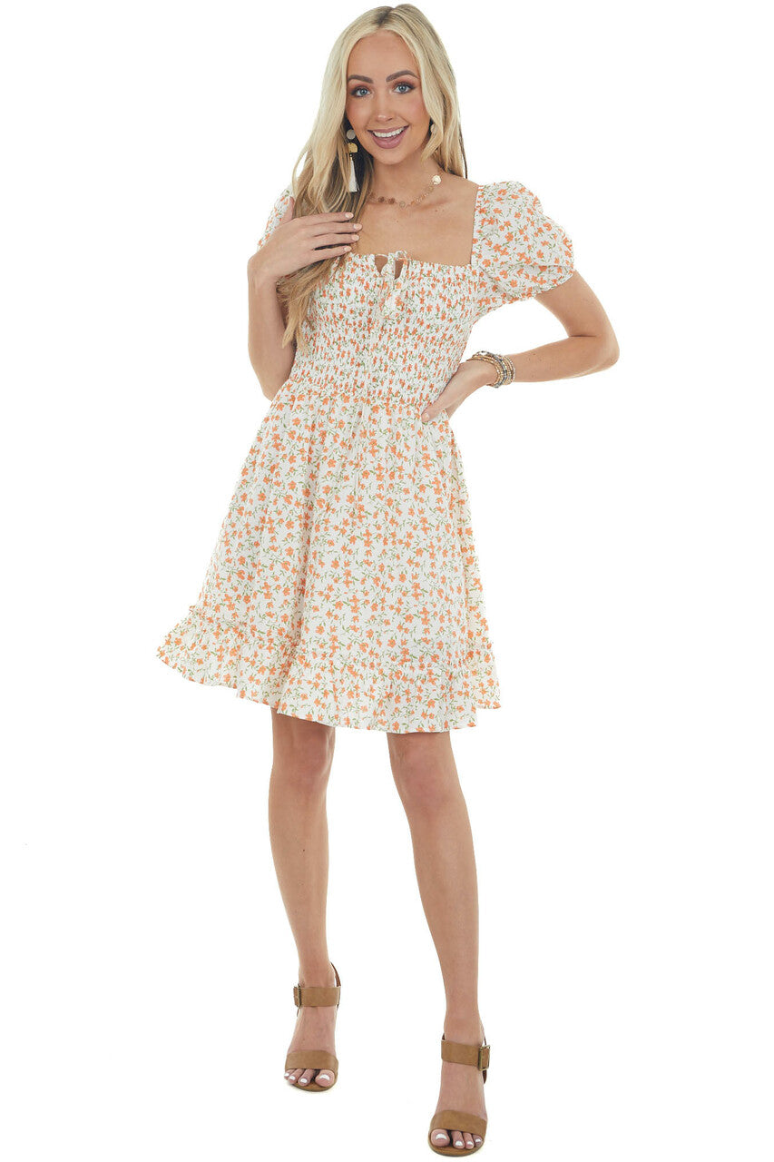 Ivory and Sunset Floral Smocked Short Dress