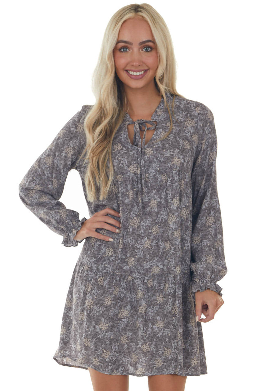 Steel Grey Floral Print Long Sleeve Mini Dress