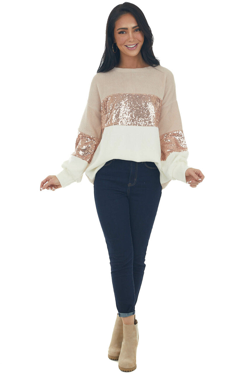 Apricot and Ivory Colorblock Sequined Top 