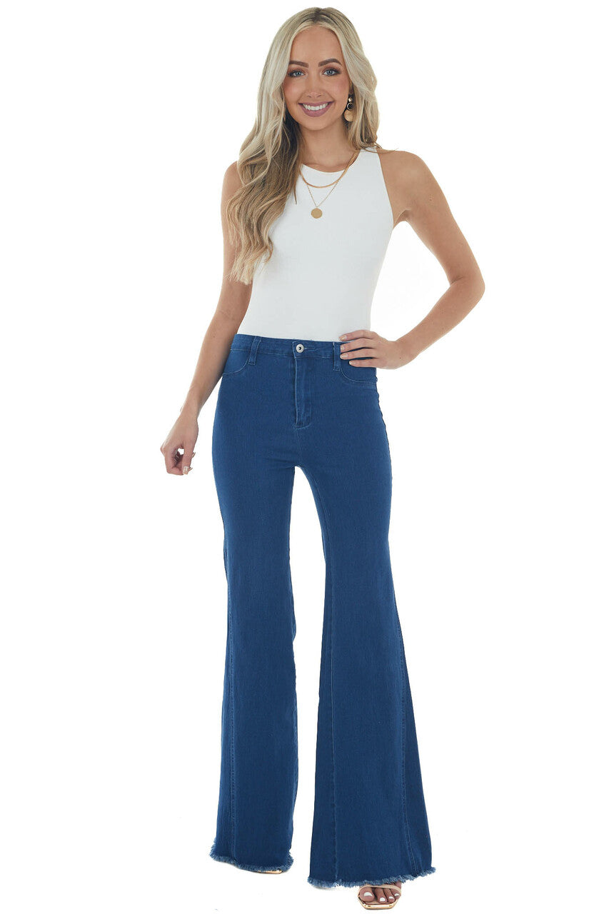 Dark Wash High Rise Frayed Hem Flare Jeans 