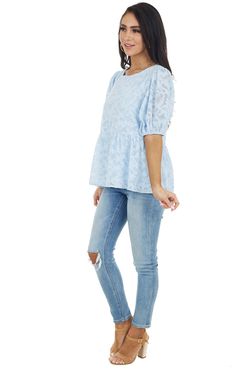 Powder Blue Floral Lace Peplum Top with Short Puff Sleeves