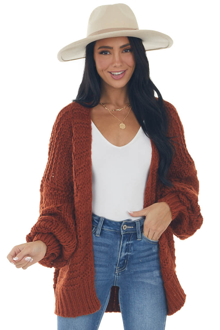 Rust Chunky Knit Cardigan with Long Sleeves