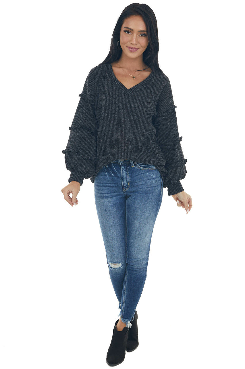 Charcoal Ribbed Knit Top with Ruffle Puff Sleeves