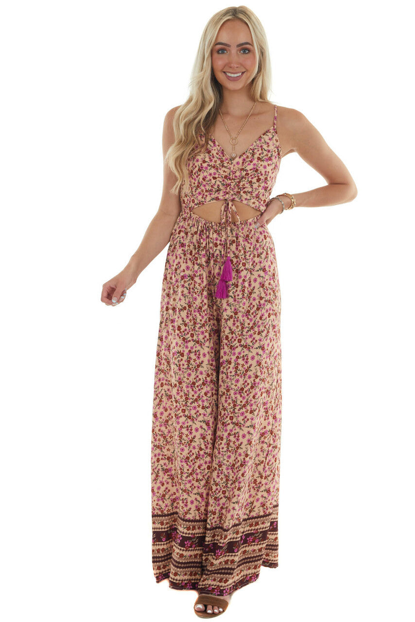 Peach Ditsy Floral Wide Leg Cut Out Jumpsuit