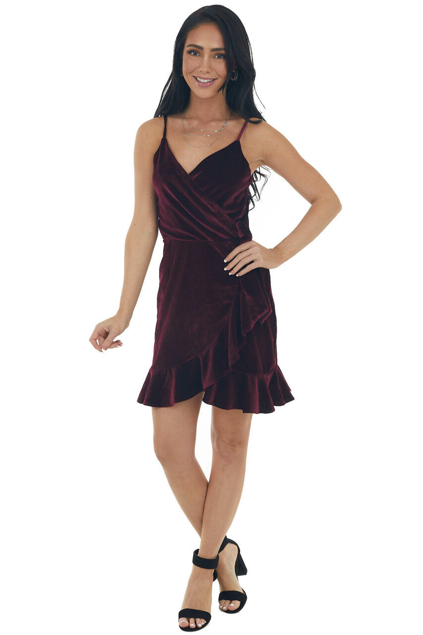 Wine Surplice Wrap Tie Velvet Mini Dress