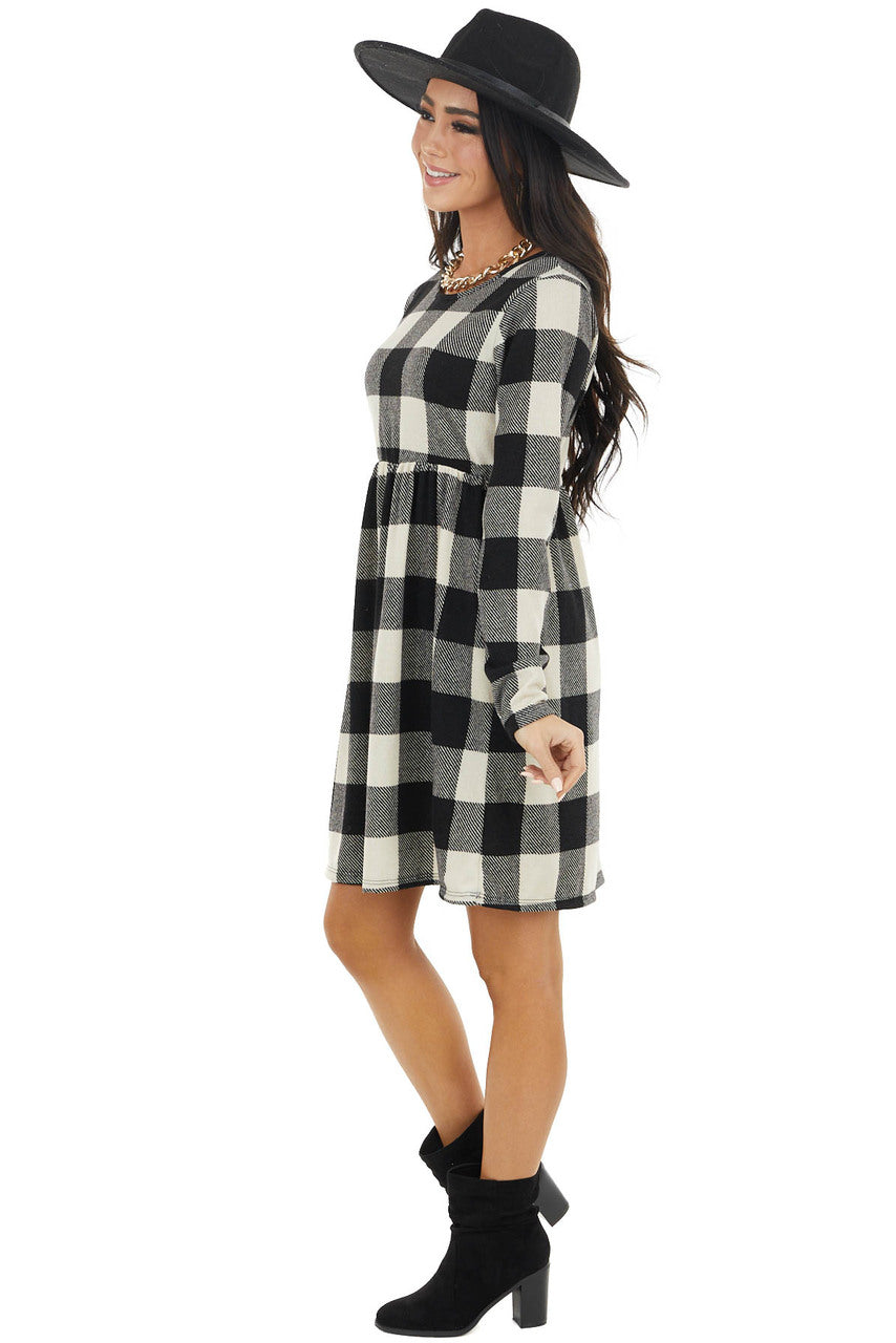 Black and Ivory Buffalo Plaid BabyDoll Dress with Pockets