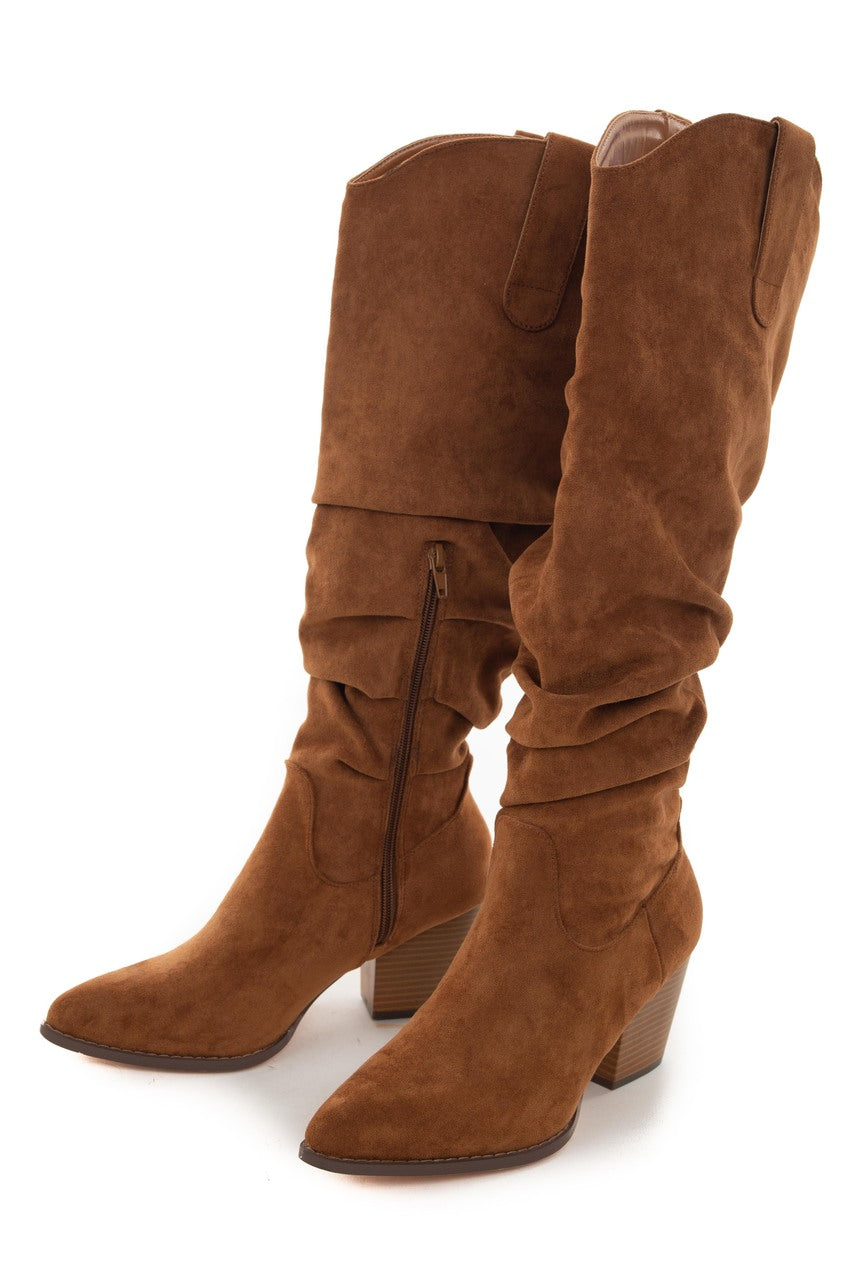 Cognac Pointed Toe Knee High Slouch Boots