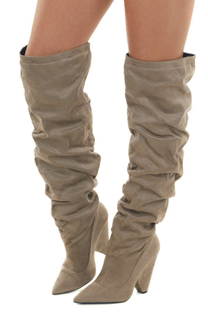 Khaki Suede Knee High Slouchy Heeled Boots