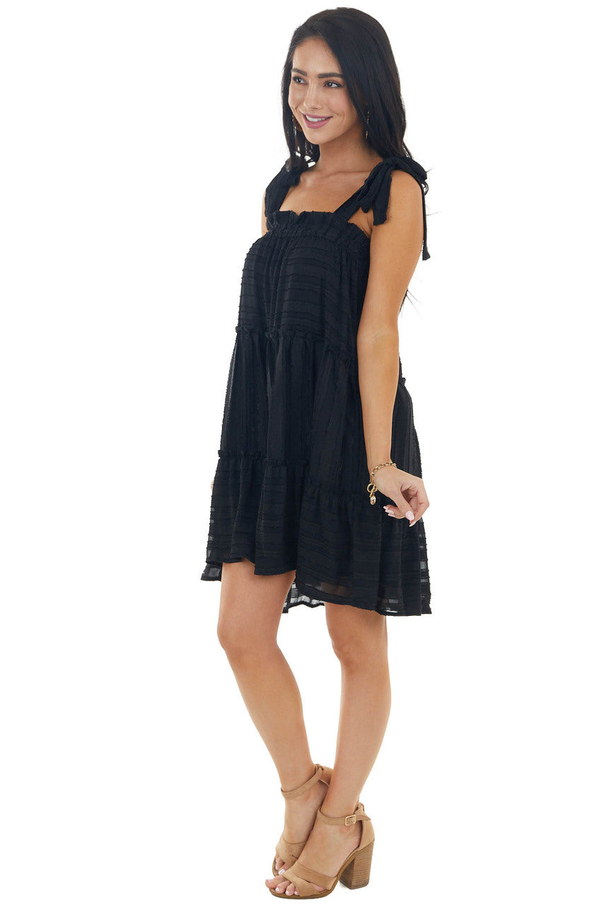 Black Striped Sleeveless Tiered Short Woven Dress