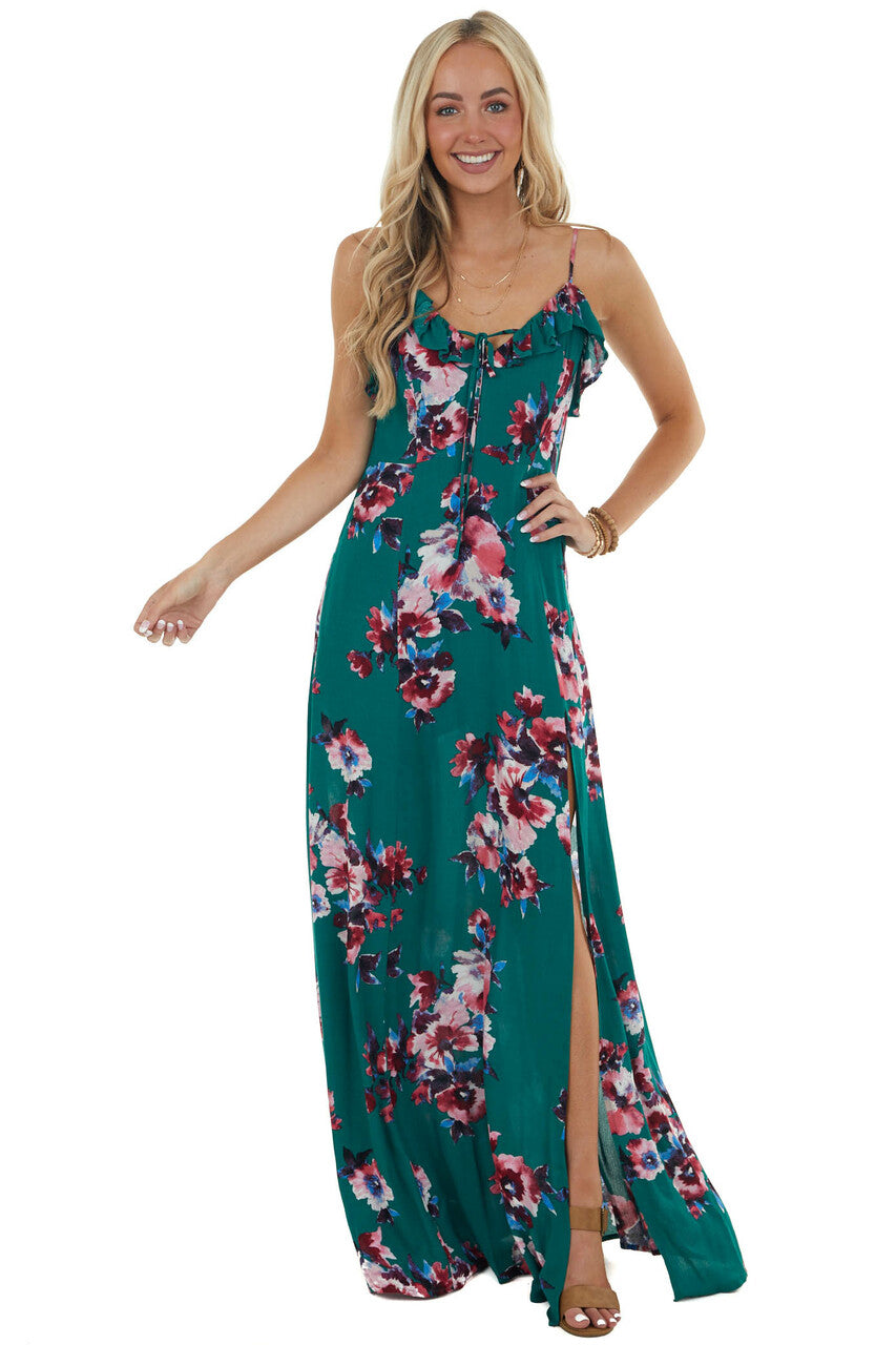 Jungle Green Floral Sleeveless Maxi Dress