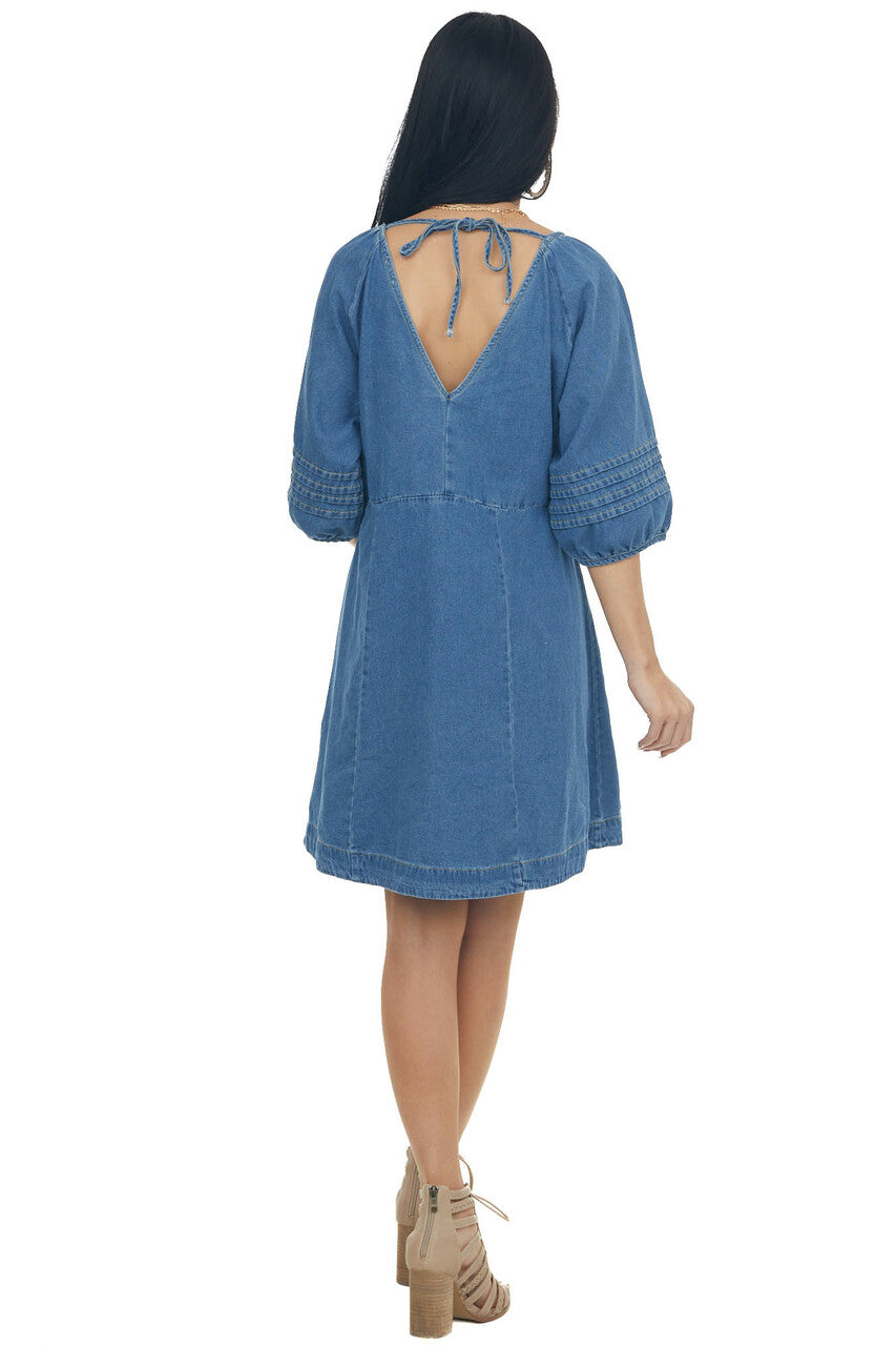 Dark Wash Pleated Puff Sleeve Denim Dress