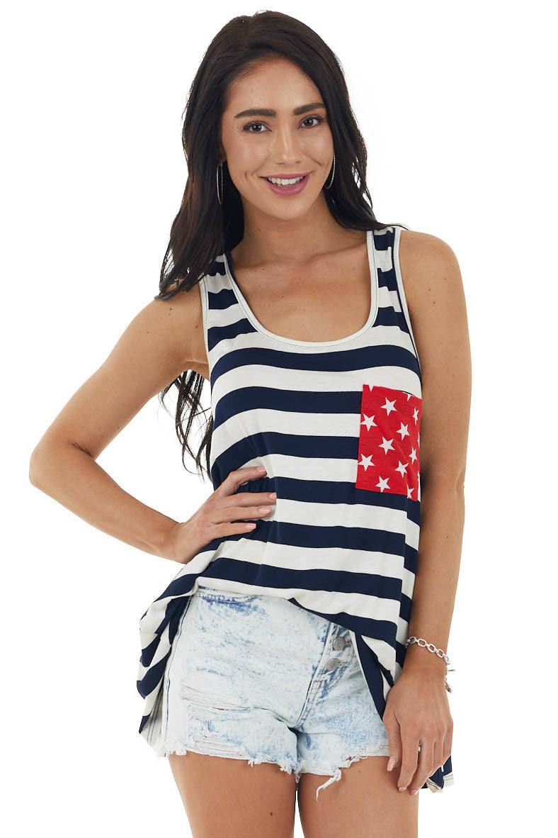 Navy and Ivory American Flag Tank Top with Back Bow Detail