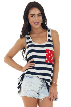 Navy and Ivory American Flag Tank Top with Back Bow Detail