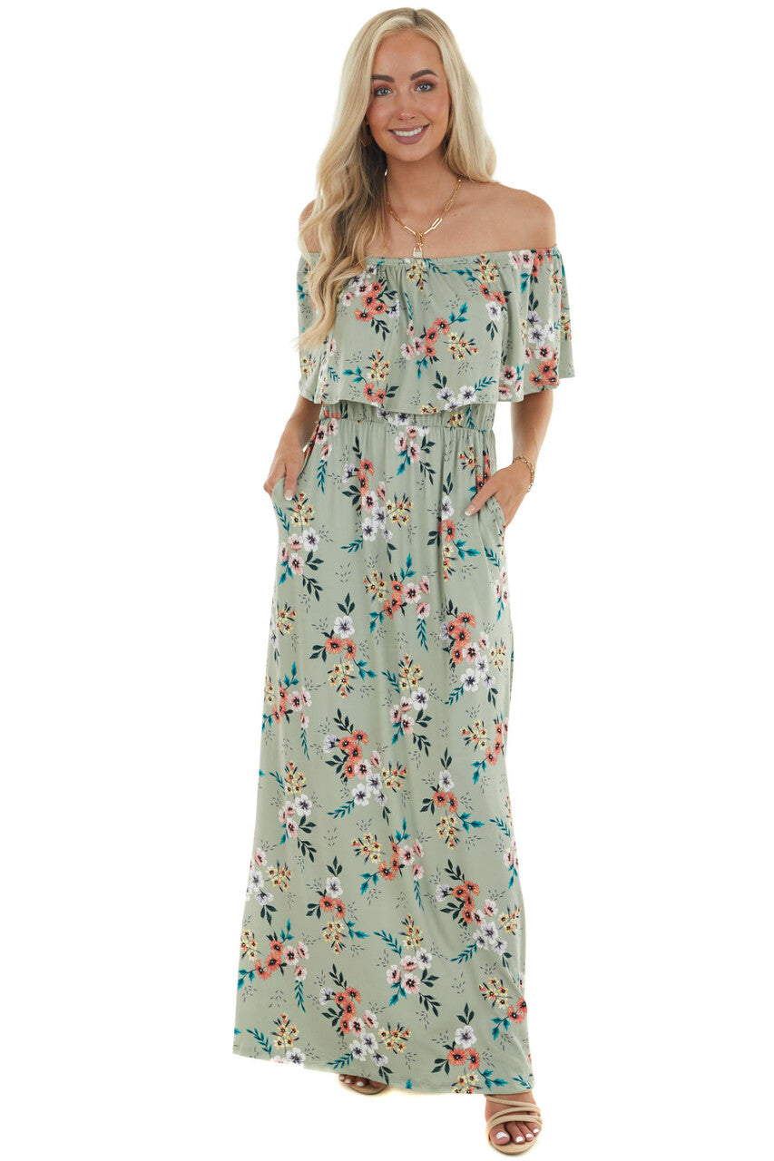 Sage Floral Print Off the Shoulder Maxi Dress
