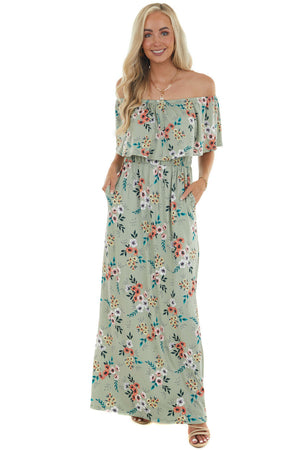 Sage Floral Print Off the Shoulder Maxi Dress