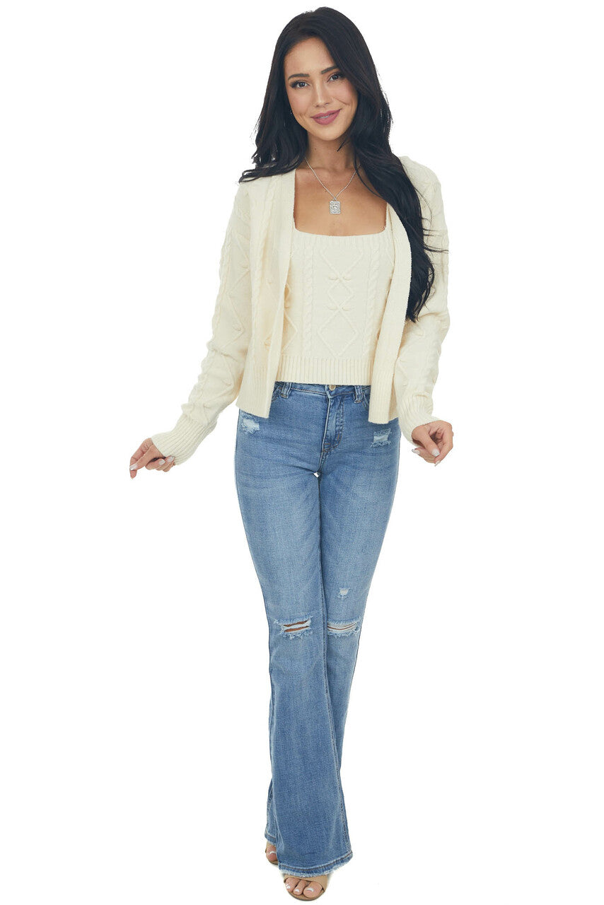 Cream Knit Crop Top and Cardigan Set