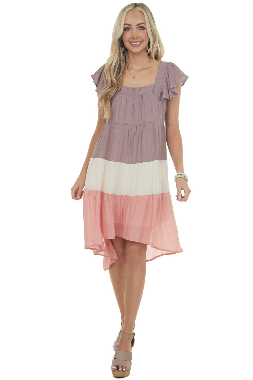 Mauve Colorblock Square Neckline Short Dress