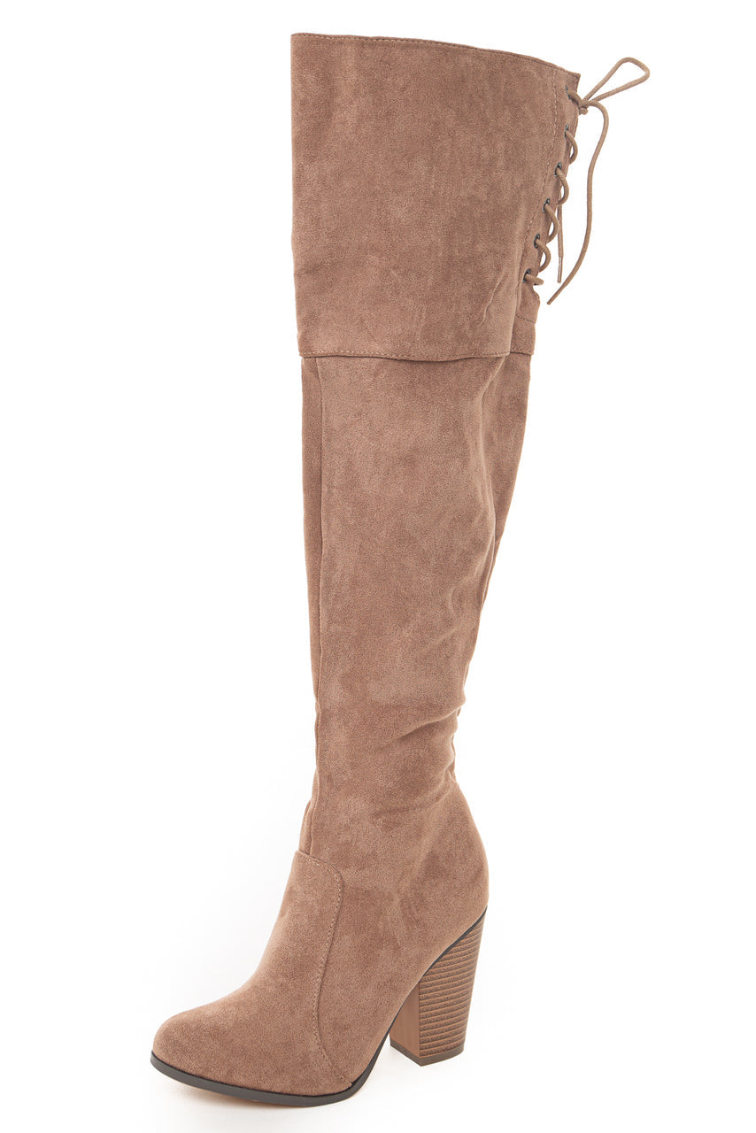 Taupe Over the Knee High Boots with Lace Up Back Detail