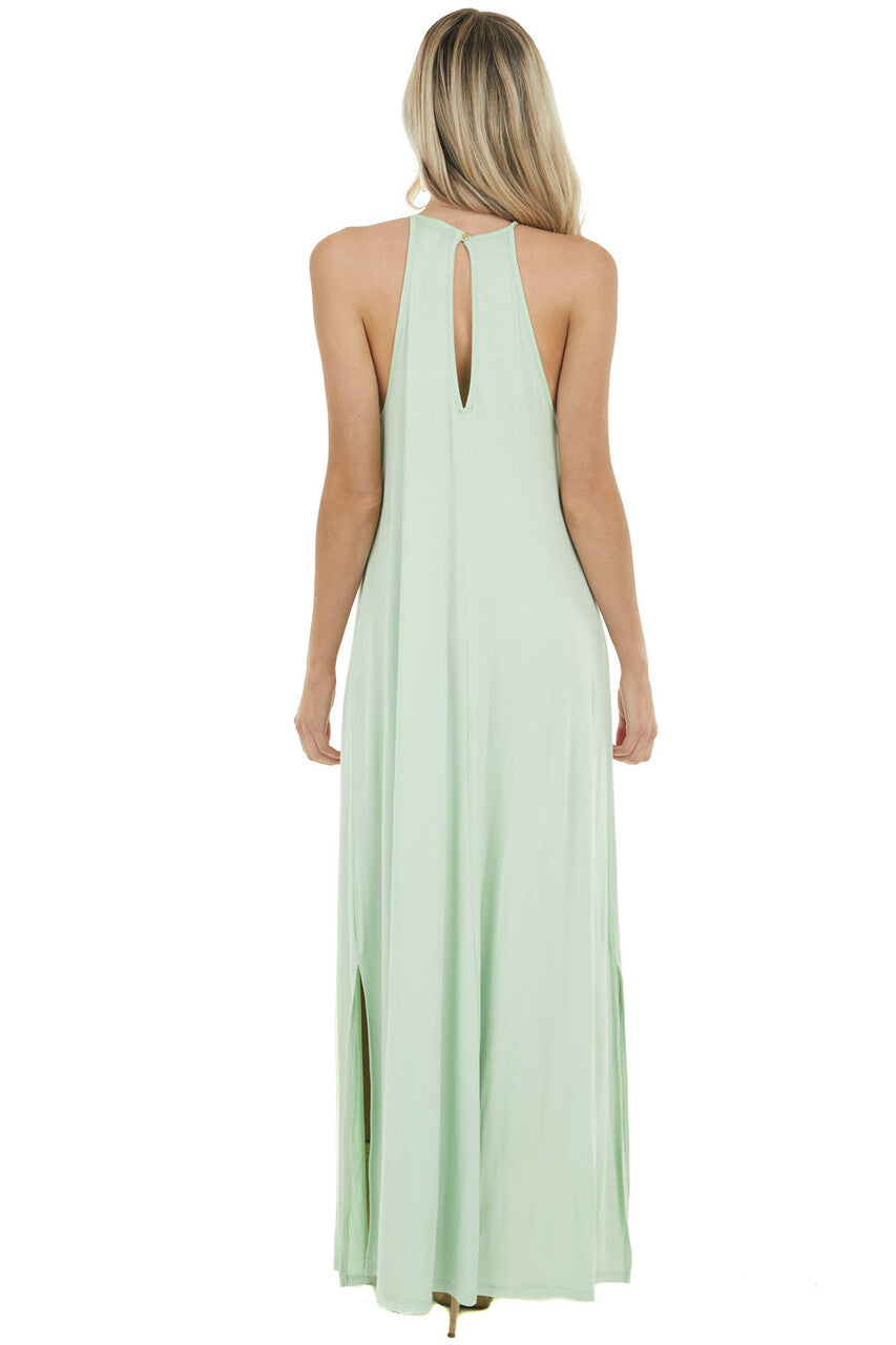 Pale Mint Sleeveless Maxi Dress with Front Lace Detail