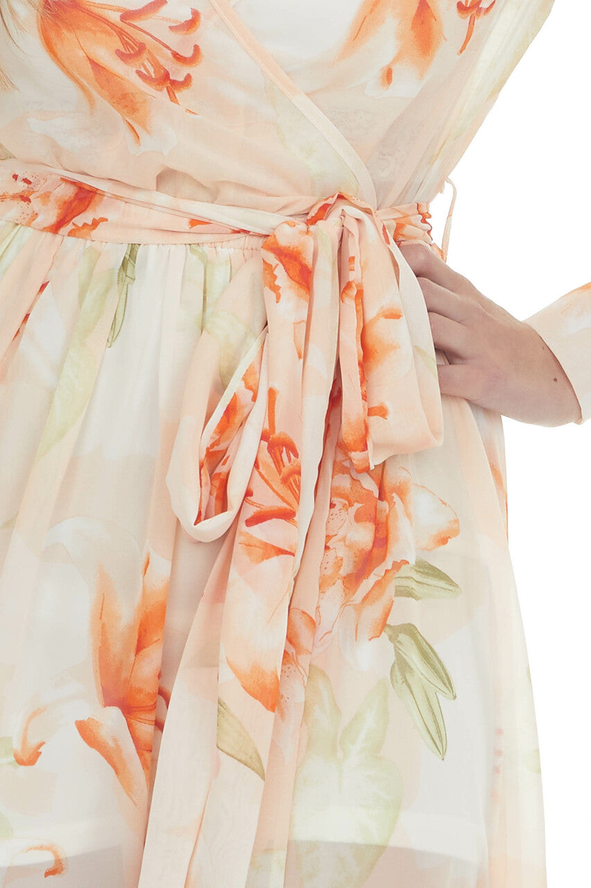 Light Peach Floral Print Long Sleeve Sheer Woven Maxi Dress