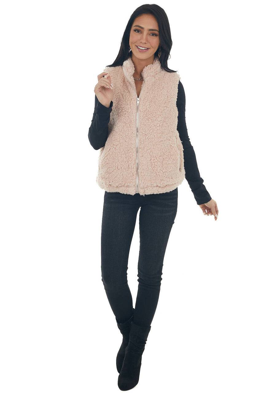 Blush Soft Sherpa Zip Up Vest with Pockets