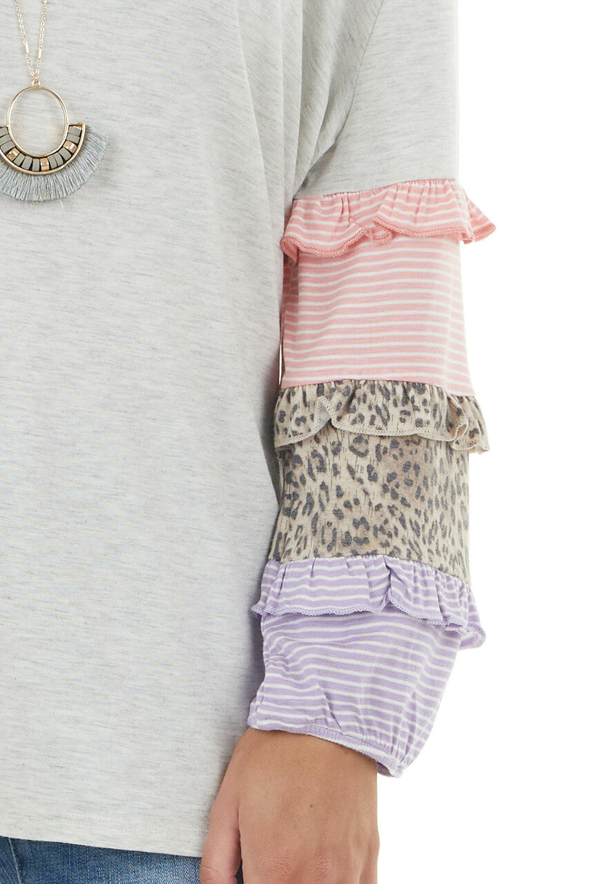 Heathered Dove Grey Knit Top with Multi Pattern Sleeves 