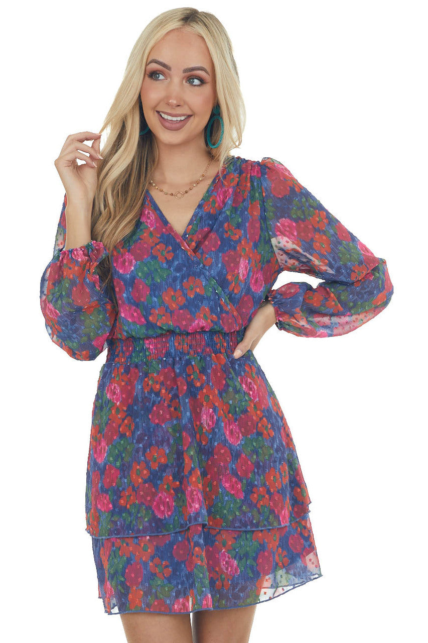 Navy Abstract Floral Swiss Dot Surplice Dress