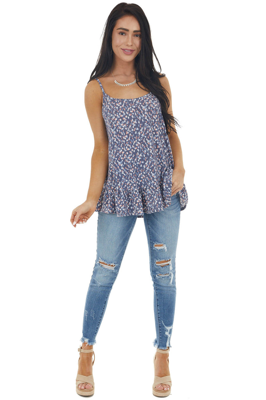 Vintage Navy Printed Sleeveless Knit Top with Ruffle Hemline