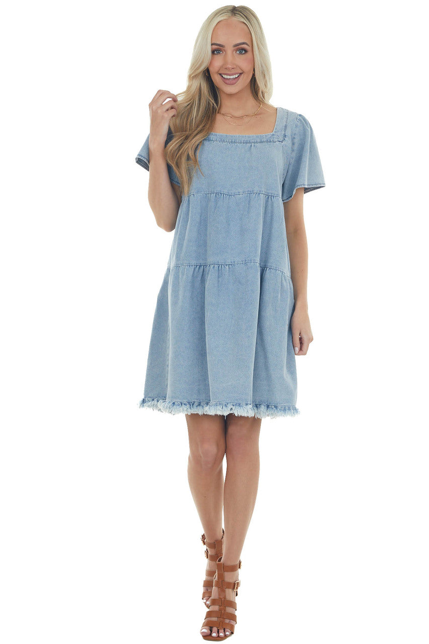 Light Vintage Wash Tiered Babydoll Denim Dress