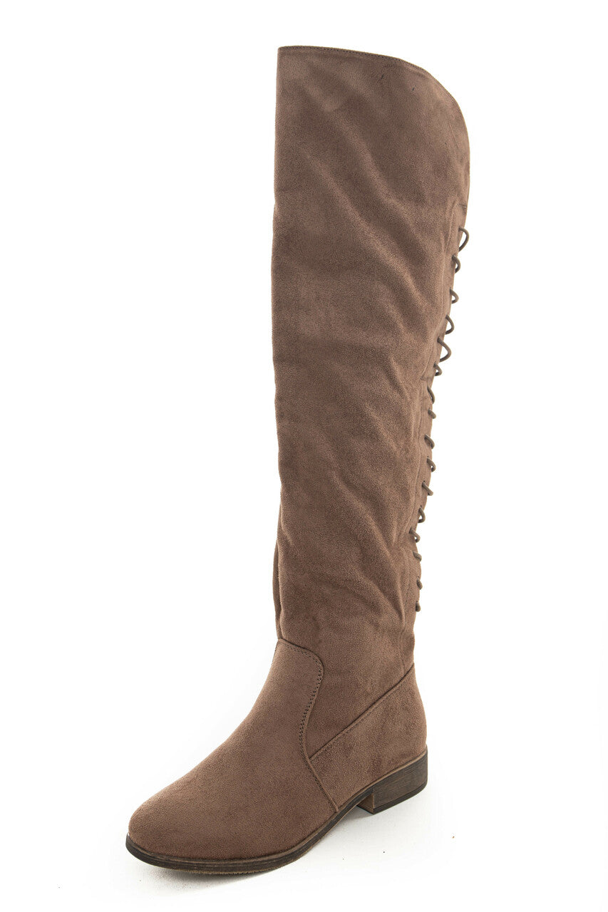 Taupe Faux Suede Knee High Back Lace Up Boots
